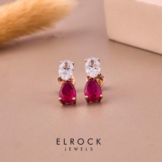 14K Gold Diamond Ruby Earrings Teardrop Ruby Stud Earrings