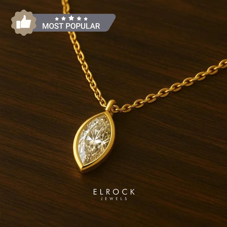 Mothers Day Gift 2 Carat Marquise Lab Grown Diamond Pendant For Her | F Color, VS Clarity | Unique Bezel | 14K Yellow Gold image 1