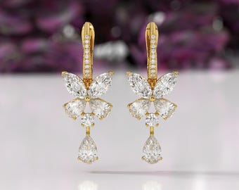 Marquise, Pear and Round Diamond Butterfly Earrings, Diamond Hoop Butterfly Earrings, Earrings for Gift, 14K Solid Gold