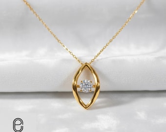 14k Solid Gold Dancing Diamond Necklace, Lab Grown Moving Diamond Pendant, Floating Diamond Charm, Real White Gold Fine Jewelry For Mom