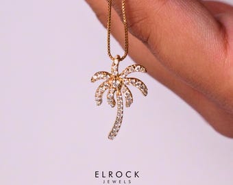 Diamond Palm Tree Pendant Necklace, 14k Solid Gold Necklace, Ladies Dainty Necklace, Pave Diamond Pendant, Gift for Mother, Wife, Daughter