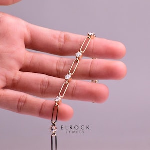 Paperclip Diamond Station Bracelet, Moissanite  Diamond Chain Link Jewelry, 14K & 18K Gold, Elegant Stacking Bracelet for Women