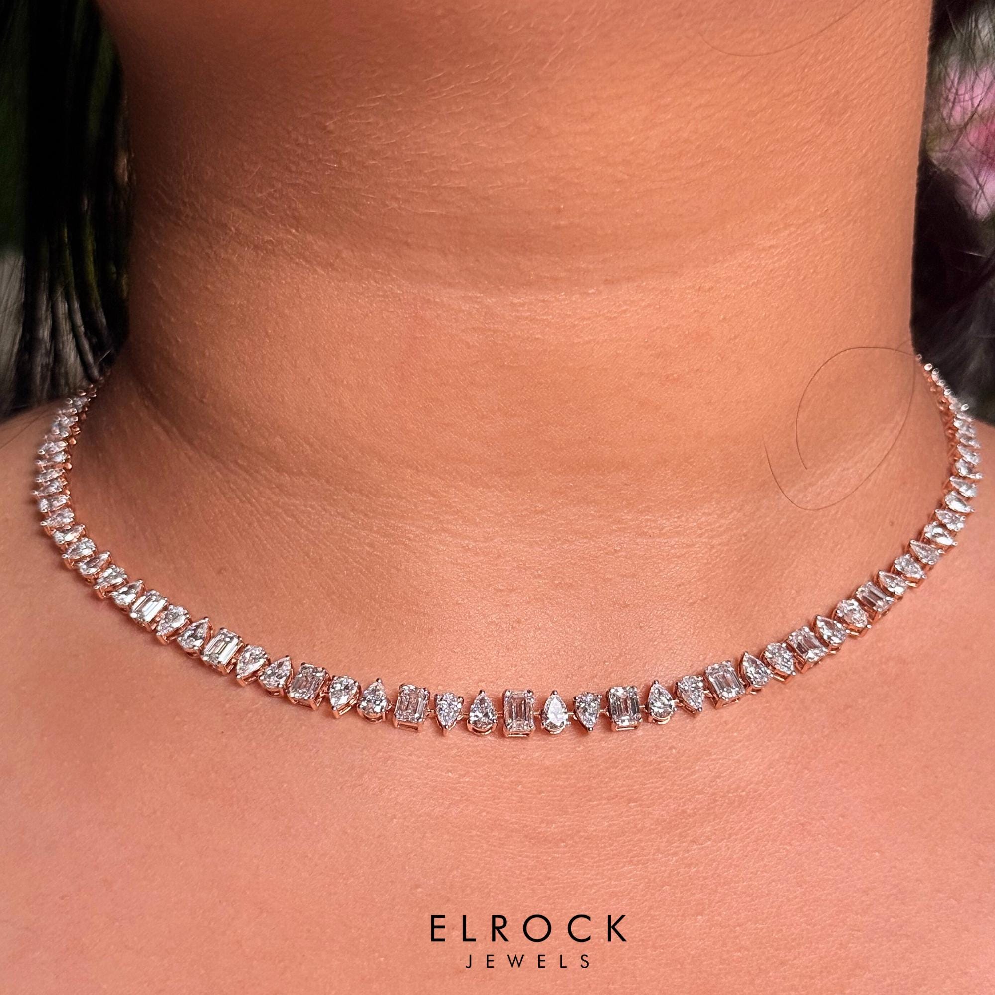 Multi Shape Diamond Tennis Necklace, Moissanite Wedding Necklace, 14K Gold Dainty Tennis Choker Necklace, Bridal Gift For Her