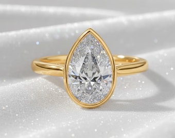 Engagement Ring Pear Shape, 1.00 - 3.00 ctw 14k Gold Bezel Setting Pear Shaped Lab Grown Diamond Engagement Ring, Dainty Bridal Ring Arianna