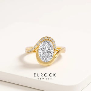 2 Carat Oval Lab Grown Diamond Curved Oval Wave Halo Ring | 2ct Oval Unique Engagement Ring | 14k Gold Nesting Diamond Proposal Ring