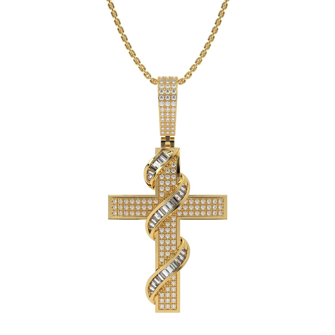 Diamond Cross / 14k Solid Gold Baguette Diamond Cross With Round ...