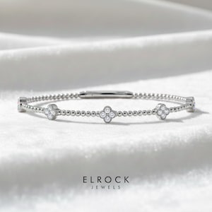 Diamanten armband, klaver bloemencluster, flexband met kralen, smaragd, robijn, saffier, 14k massief geel, wit, roségoud, cadeau voor haar