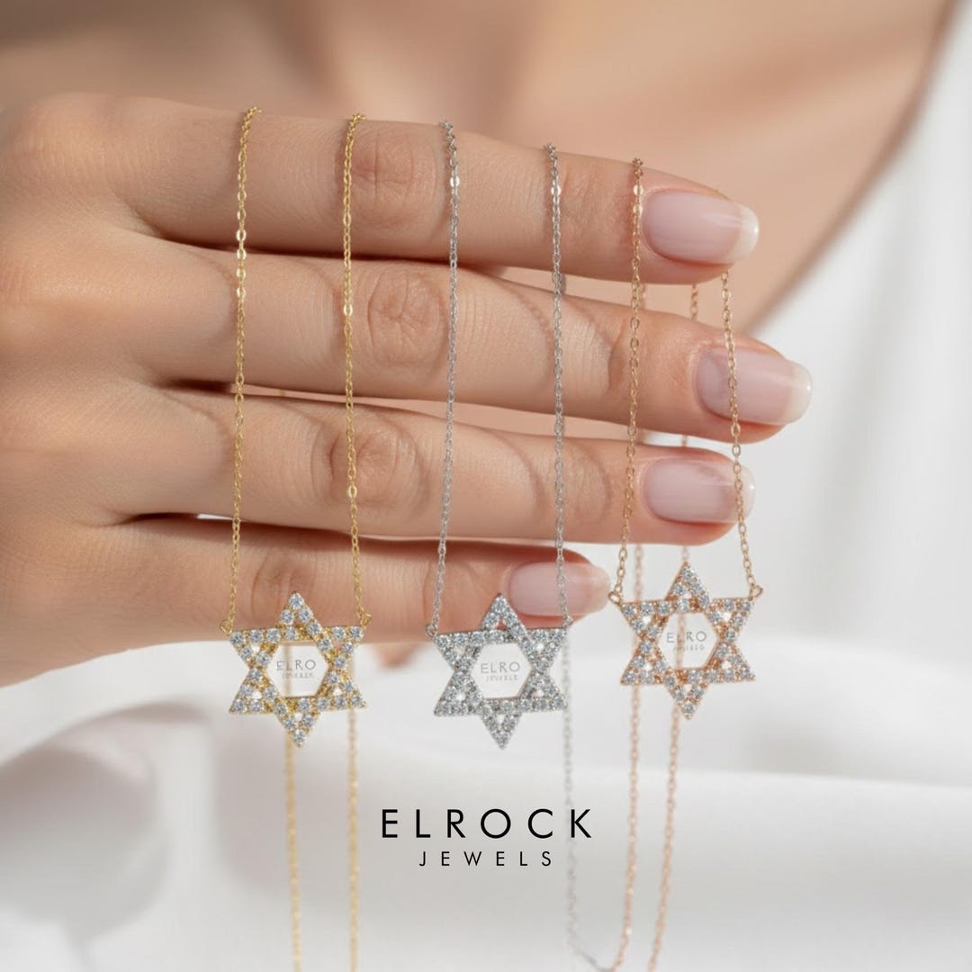 Diamond Necklace, Open Star of David, Adjustable Drawstring Chain, 14k ...