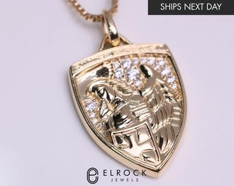 14K Gold St Michael Medaillon Halskette mit Labor gewachsenen Diamanten, katholischer Anhänger, religiöses Geschenk für Männer, Schildschmuck, Schutzhalskette