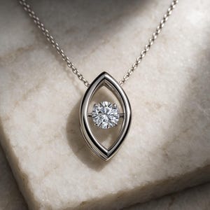 14k Solid Gold Dancing Diamond Necklace, Lab Grown Moving Diamond Pendant, Floating Diamond Charm, Real White Gold Fine Jewelry For Mom