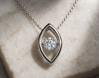 14k Solid Gold Dancing Diamond Necklace, Lab Grown Moving Diamond Pendant, Floating Diamond Charm, Real White Gold Fine Jewelry For Mom