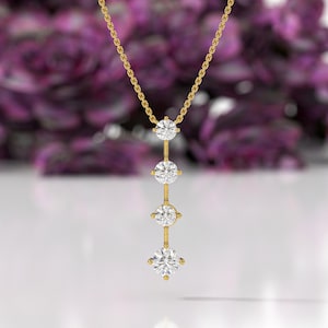 14k Solid Gold Diamond Vertical Bar Necklace - 4 Stone Vertical Line Pendant- Diamond Gold Bar Necklace- Four Round Diamond Linear Necklace