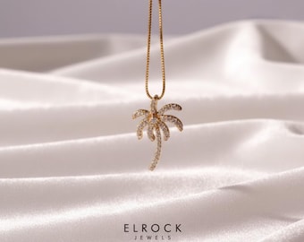 Diamond Palm Tree Pendant Necklace, 14k Solid Gold Necklace, Ladies Dainty Necklace, Pave Diamond Pendant, Gift for Mother, Wife, Daughter