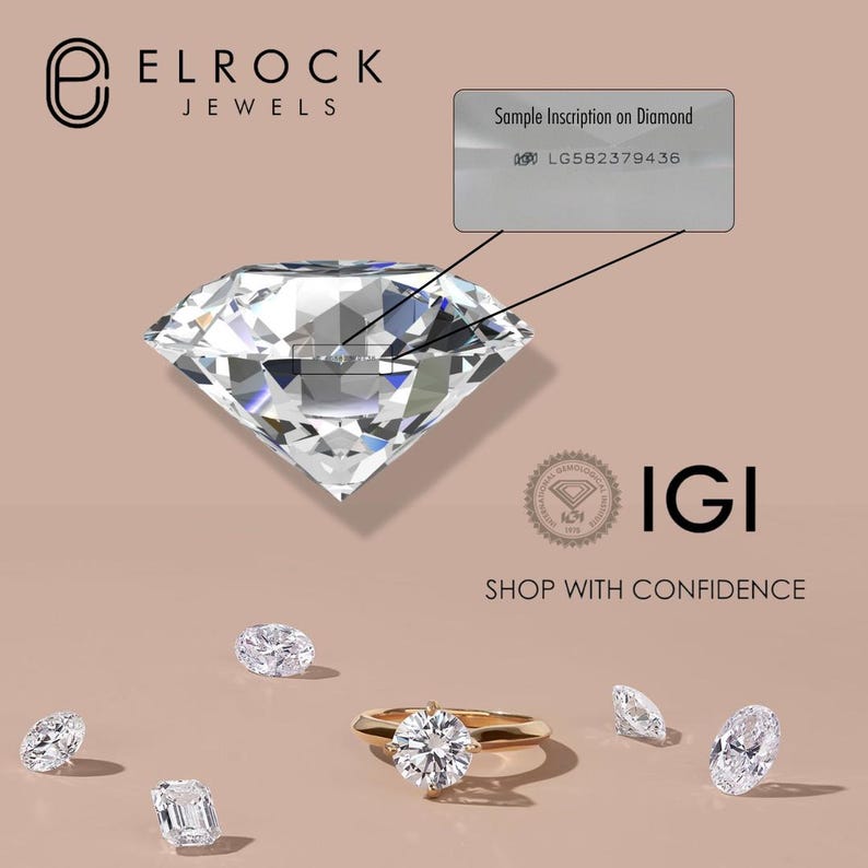 May include: A large, clear diamond with a sample inscription on the side, reading "LG582379436". The diamond is surrounded by smaller diamonds and a ring with a diamond center stone. The image also includes the logo for the International Gemological Institute (IGI) and the text "Shop with Confidence".