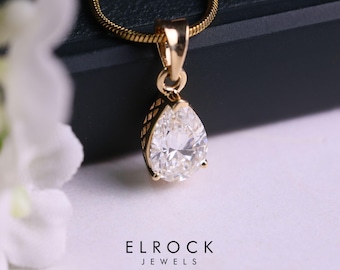 14k Gold Pear Lab Grown Diamond Charm Solitaire Pendant. Dainty Pendant. Everyday Pendant Necklace