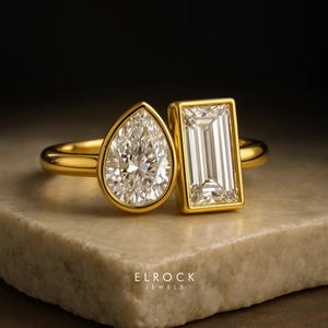 Toi et Moi Ring, Promise Ring, Engagement Ring, Two Stone Ring, Wedding Ring, Anniversary Gift, Gift for Her , Baguette and Pear Cut Ring