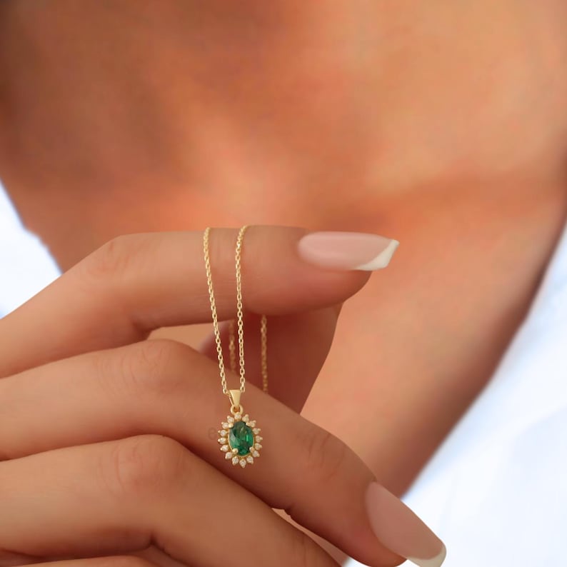 May Birthstone, Queen Jewelry Emerald 14K Solid Gold Pendant Necklace, Emerald Oval Cut with Lab Grown Diamond Pendant, Gift For Her image 1
