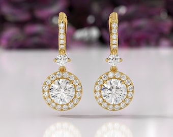 Brilliant Round cut Dangle Drop Lab Grown Diamond Earring, 14K White Gold Earring Solid Gold Earrings, push back earring,Best gift for Her