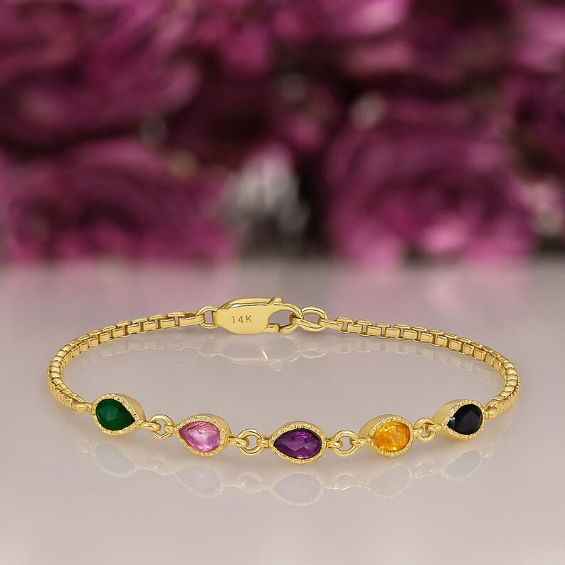 Multi Birthstone Bracelet | 14K Gold Pear Cut Gemstone Bracelet | Bezel Set Dainty Bracelet | Gift for Her image 5