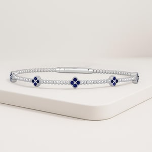Diamond Bangle Bracelet, Clover Flower Cluster, Beaded Flex Band, Emerald, Ruby, Sapphire, 14k Solid Yellow, White, Rose Gold, Gift for her