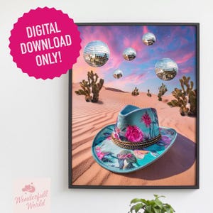 Disco glitter bal cowgirl hoed digitale download trendy kust cowgirl bar kar pop-art slaapzaal poster grafische funky retro cactus kosmische sterren