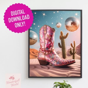 Disco glitterbal laarzen digitale download trendy kust cowgirl barwagen pop-art slaapzaal poster afbeelding funky retro roze laarzen cactus kosmisch