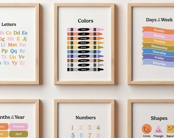 Colorful Educational Classroom Posters, Homeschool Printables, Digital Product, Kids Wall Art, Teacher Posters Set of 6