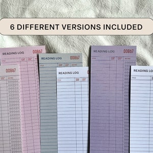 May include: Six different versions of a reading log printable. Each version has a different color and design. The reading log has columns for title, start date, finish date, and rating.