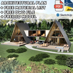 Volledig gedetailleerde dubbele plattegrond met brug 7 x 9 m - moderne plattegronden, 3 slaapkamers 107 m2 met zolder, slaapkamer, zwembad + materiaallijst