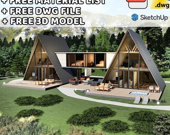 May include: Image of an architectural plan showcasing a contemporary A-frame house with extensive glazing and a terrace. Text includes: Architectural Plan, Free Material List, Free DWG File, and Free 3D Model. PDF, .dwg, and SketchUp logos are also present.