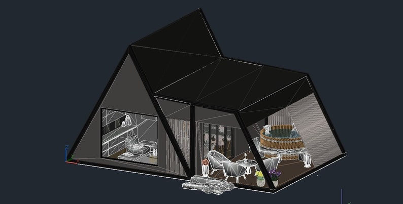 Pode incluir: Uma casa preta de forma triangular com uma grande janela que mostra um banheiro com uma banheira e um chuveiro. A casa tem um deck de madeira com uma banheira de hidromassagem, duas cadeiras e uma mesa pequena com flores.
