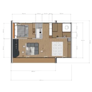 Puede incluir: Un plano de planta de un apartamento peque&ntilde;o con un dormitorio, un ba&ntilde;o, una sala de estar y una cocina. La sala de estar tiene un sof&aacute;, una mesa de caf&eacute; y una alfombra. El dormitorio tiene una cama y una mesita de noche. El ba&ntilde;o tiene un inodoro, un lavabo y una ducha. La cocina tiene una estufa, un refrigerador y un fregadero.