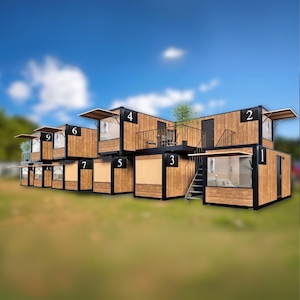 Container Hotel Module 12 units - 2.5m x 6m ,  Modern Floor Plans, Container Hotel Design Plan w/Bedroom, Terrace