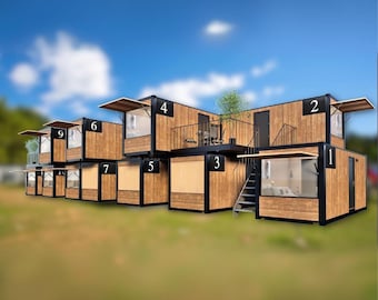 Container Hotel Module 11 eenheden - 2,5 m x 6 m, moderne plattegronden, Container Hotel ontwerpplan met slaapkamer, terras