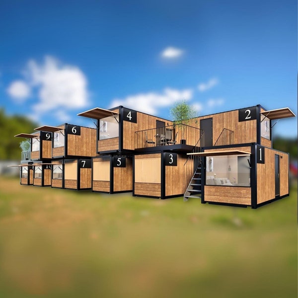 Container Hotel Module 11 units - 2.5m x 6m ,  Modern Floor Plans, Container Hotel Design Plan w/Bedroom, Terrace