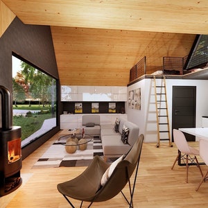 Pode incluir: Um espa&ccedil;o de estar moderno e aberto com um quarto no s&oacute;t&atilde;o, uma lareira a lenha e uma grande janela com vista para um gramado verde. A sala de estar possui um sof&aacute; seccional cinza, uma mesa de centro e uma poltrona preta e marrom. A cozinha tem uma bancada branca, uma pia preta e um arm&aacute;rio de madeira. O quarto no s&oacute;t&atilde;o &eacute; acess&iacute;vel por uma escada de madeira.