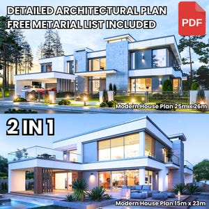 Plattegronden moderne woning 25 x 26 m | 15 m x 23 m / 5 slaapkamers: 543 m2 | 4 slaapkamers 410 m2 met zolder, slaapkamer, garage + gratis materialenlijst