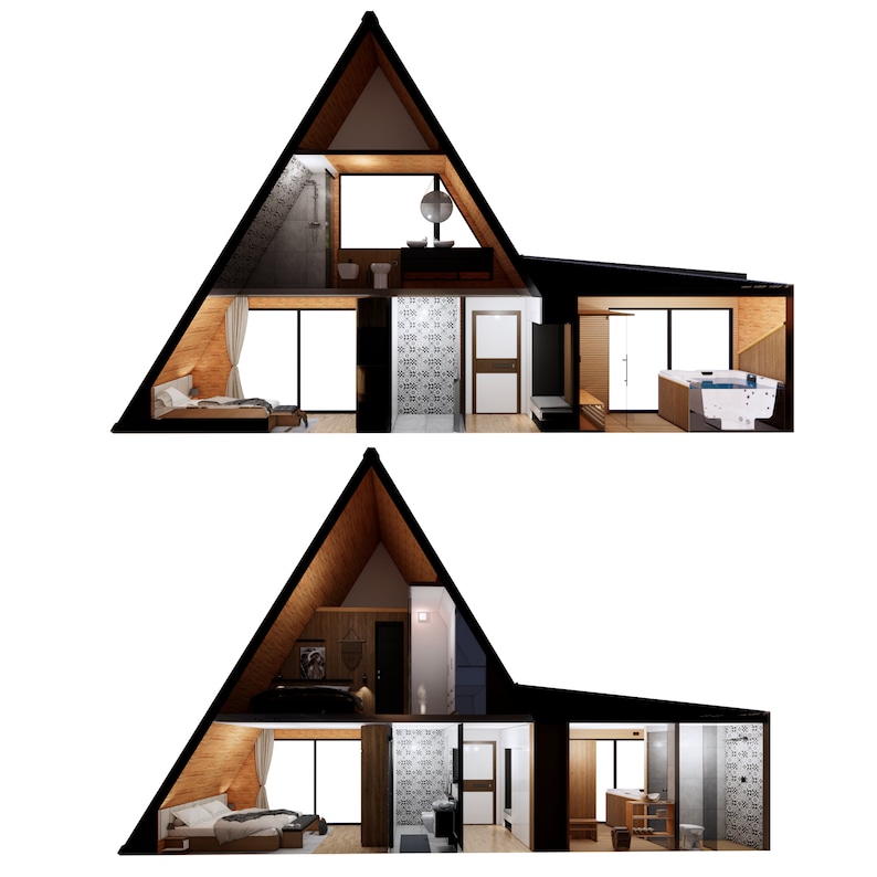 Puede incluir: Una vista en secci&oacute;n transversal de una casa moderna triangular de dos niveles. El nivel inferior cuenta con un dormitorio con una cama, un ba&ntilde;o con una ducha y una sala de estar con un televisor. El nivel superior tiene un ba&ntilde;o con una ba&ntilde;era y un dormitorio con una cama.