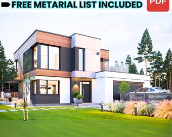 May include: A modern two-story house with a wooden facade, a white garage door, and a green lawn. The house has a balcony with a glass railing and a black car parked in the driveway. The text "DETAILED ARCHITECTURAL PLAN FREE METARIAL LIST INCLUDED PDF" is displayed at the top of the image.