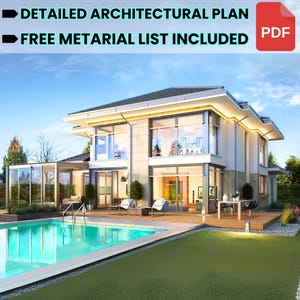 Modern Family House Plan 13m x 21m - Modern Floor Plans, 4 Bedroom 235 m2, w/ Sauna, Bedroom, Garage, Office + Material List File