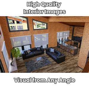 May include: A high-quality interior design image of a living room with a kitchen in the background. The living room features two black leather sofas, a glass coffee table, and a gray rug. The kitchen has a granite countertop, stainless steel appliances, and wooden cabinets. The room has wood floors and large windows with white blinds.