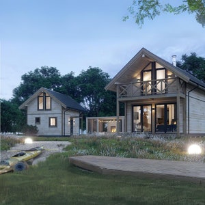 plattegrond droomhuis, modern houten ontwerp met architecturale loftplannen, 7,8 m x 5 m, 3 slaapkamers + loft | 100 m2