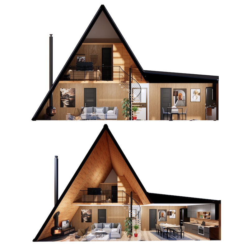 Puede incluir: Una vista en secci&oacute;n transversal de una casa moderna en forma de A con un dormitorio en el desv&aacute;n, una sala de estar, una cocina y un comedor. La casa est&aacute; hecha de madera y tiene un techo negro. El interior est&aacute; decorado con muebles y decoraci&oacute;n modernos.