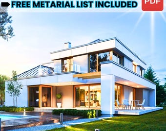 Modern Family House Plan 17m x 20m - Modern Floor Plans, 4 Bedroom 235 m2, w/ Sauna, Bedroom, Garage, Office + Material List File