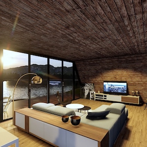 Puede incluir: Un sal&oacute;n moderno con un gran sof&aacute; de esquina, una mesa de centro de madera y un televisor de pantalla plana montado en la pared. La habitaci&oacute;n tiene grandes ventanas con vistas a un lago y monta&ntilde;as. Las paredes est&aacute;n hechas de madera y ladrillo.