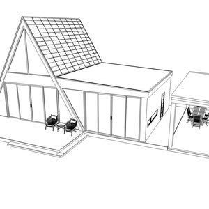 Puede incluir: Dibujo de l&iacute;nea de una casa moderna de forma de A con un patio grande y un &aacute;rea de comedor al aire libre cubierta separada.