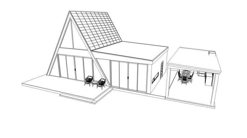 Puede incluir: Dibujo de l&iacute;nea de una casa moderna de forma de A con un patio grande y un &aacute;rea de comedor al aire libre cubierta separada.
