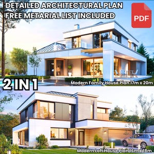 Modern Family House Plan 17mx20m | Modern Loft House Plan 16mx18m / 4 Bedroom 235 m2 | 3 Bedroom 200 m2 w/ Bedroom, Garage + Material List