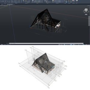 Puede incluir: Un modelo 3D de una casa moderna de forma de A con un techo negro y grandes ventanas. La casa est&aacute; renderizada en un software de modelado 3D y est&aacute; rodeada por una cuadr&iacute;cula de l&iacute;neas.