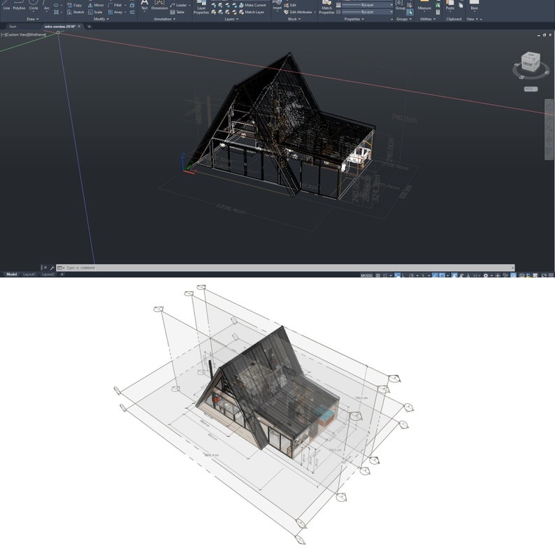 Puede incluir: Un modelo 3D de una casa moderna de forma de A con un techo negro y grandes ventanas. La casa est&aacute; renderizada en un software de modelado 3D y est&aacute; rodeada por una cuadr&iacute;cula de l&iacute;neas.